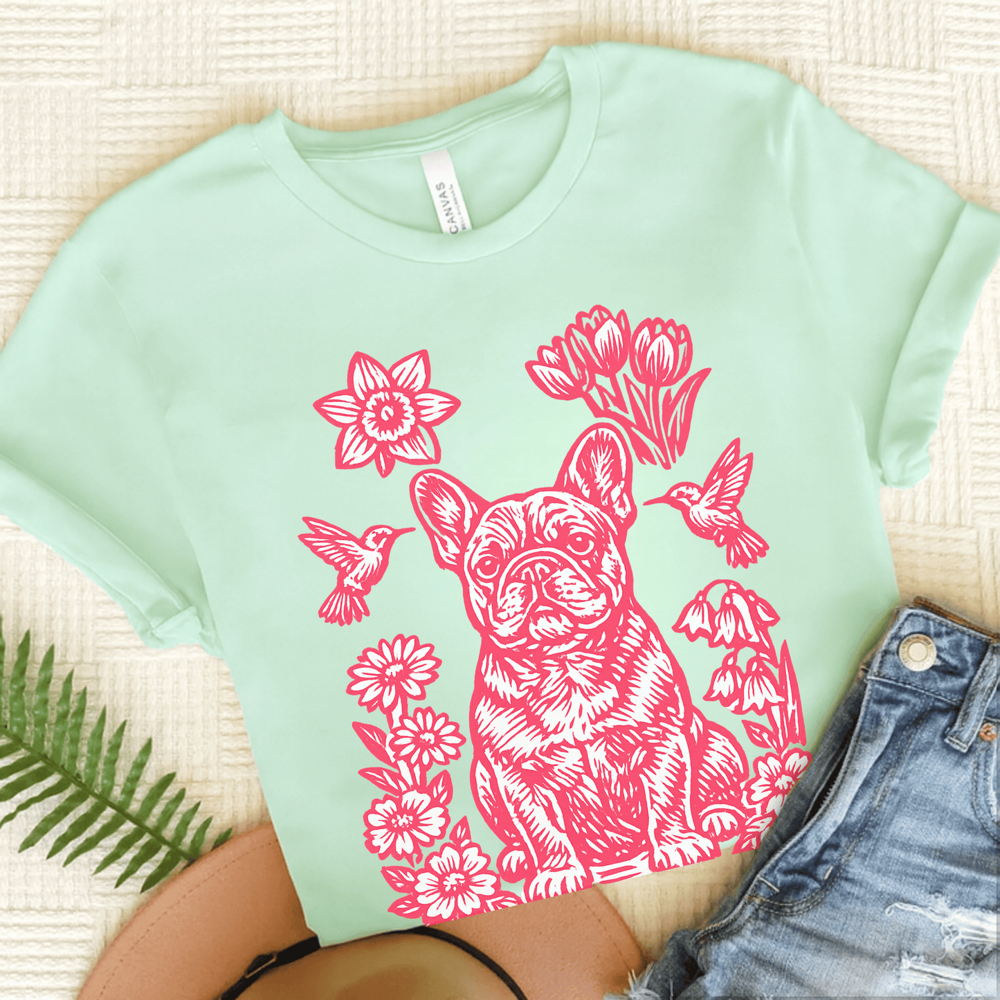 French Bulldog Linocut Hummingbirds Unisex TShirt Heather Mint