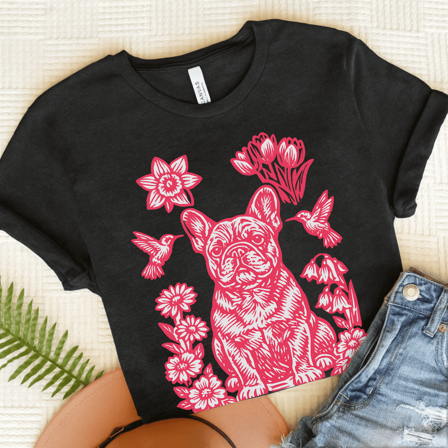 French Bulldog Linocut Hummingbirds Unisex TShirt Dark Grey Heather