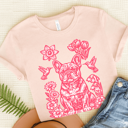 French Bulldog Linocut Hummingbirds Unisex TShirt Soft Pink