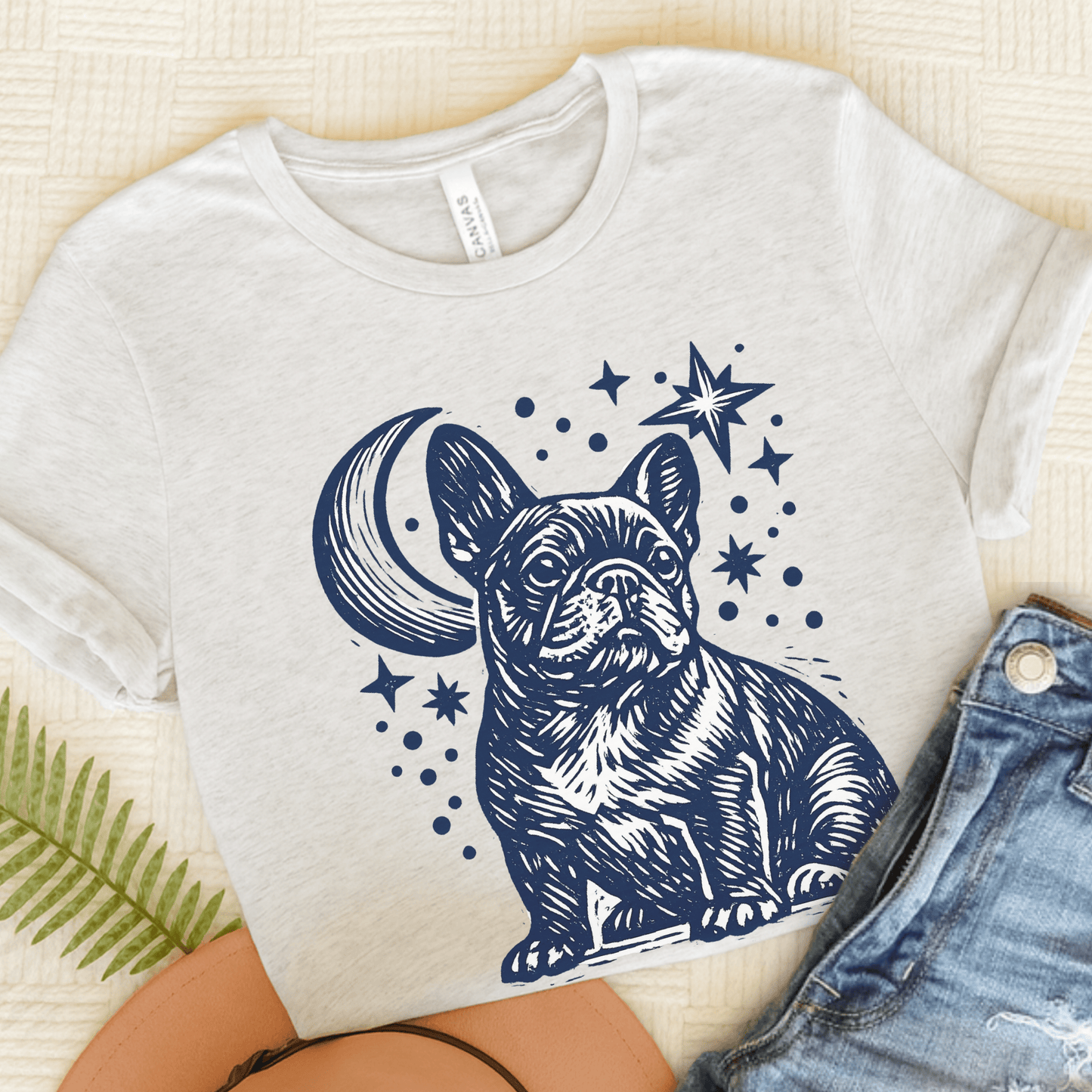 French Bulldog Linocut Moon and Stars Unisex TShirt Ash