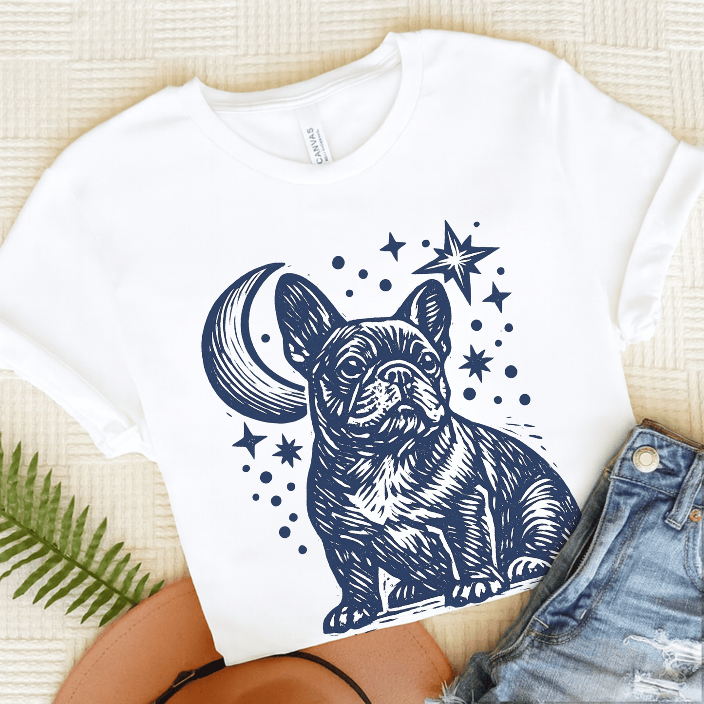 French Bulldog Linocut Moon and Stars Unisex TShirt White
