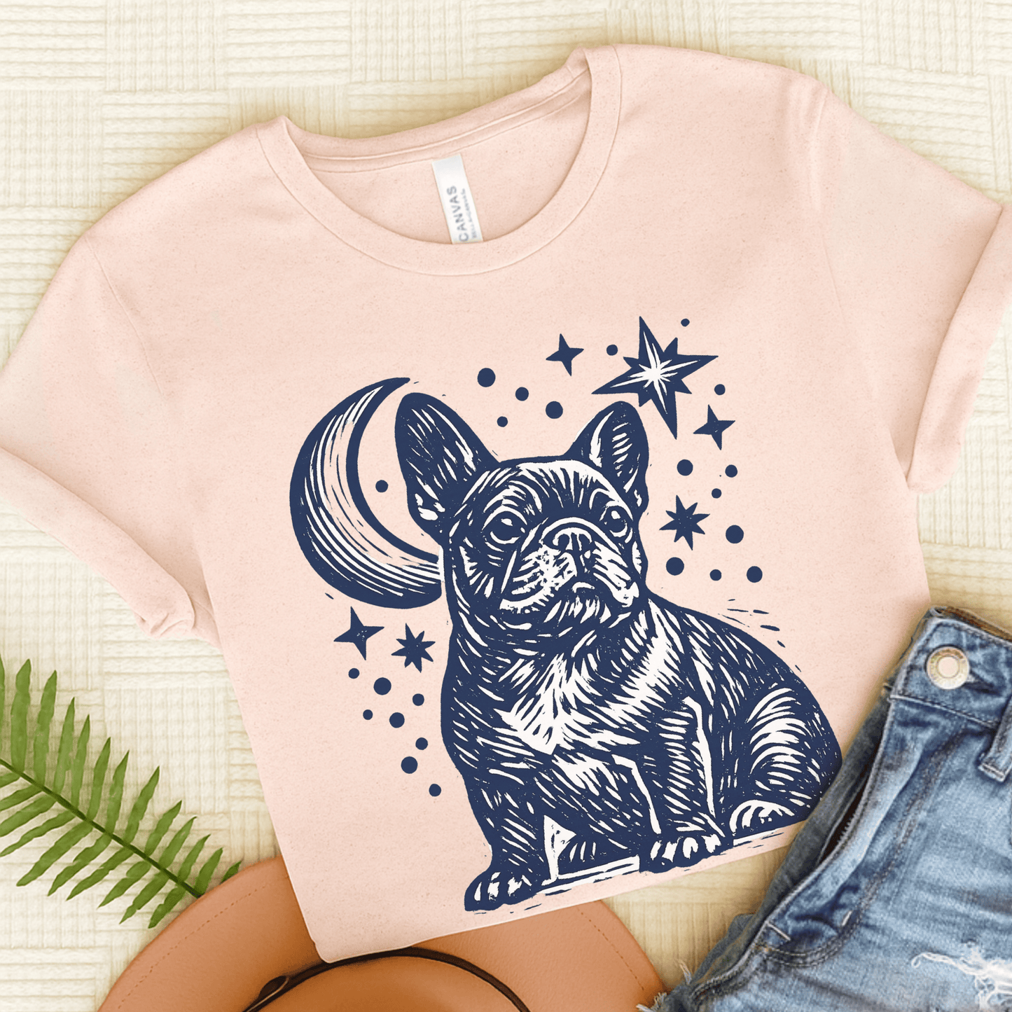 French Bulldog Linocut Moon and Stars Unisex TShirt Soft Pink