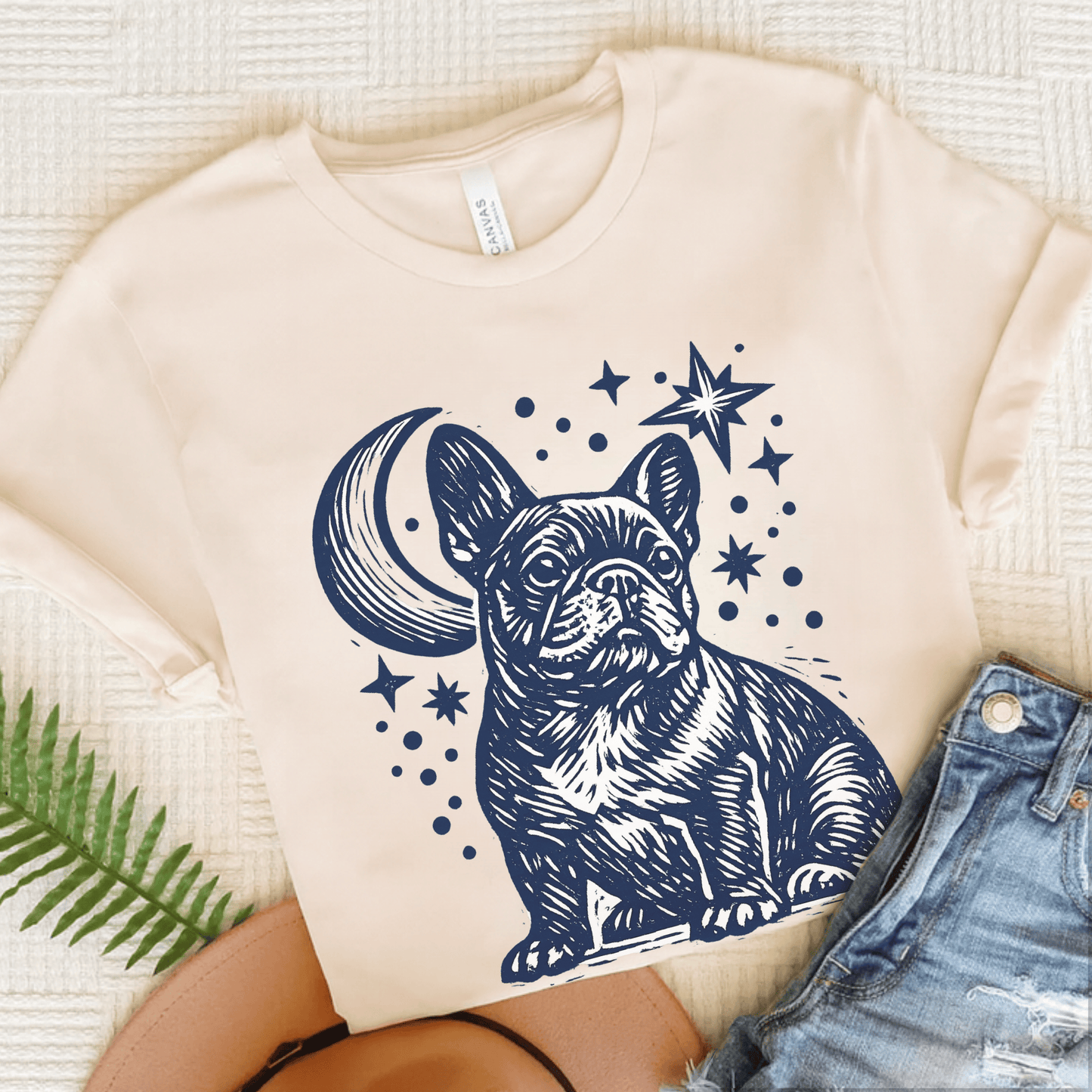 French Bulldog Linocut Moon and Stars Unisex TShirt Natural
