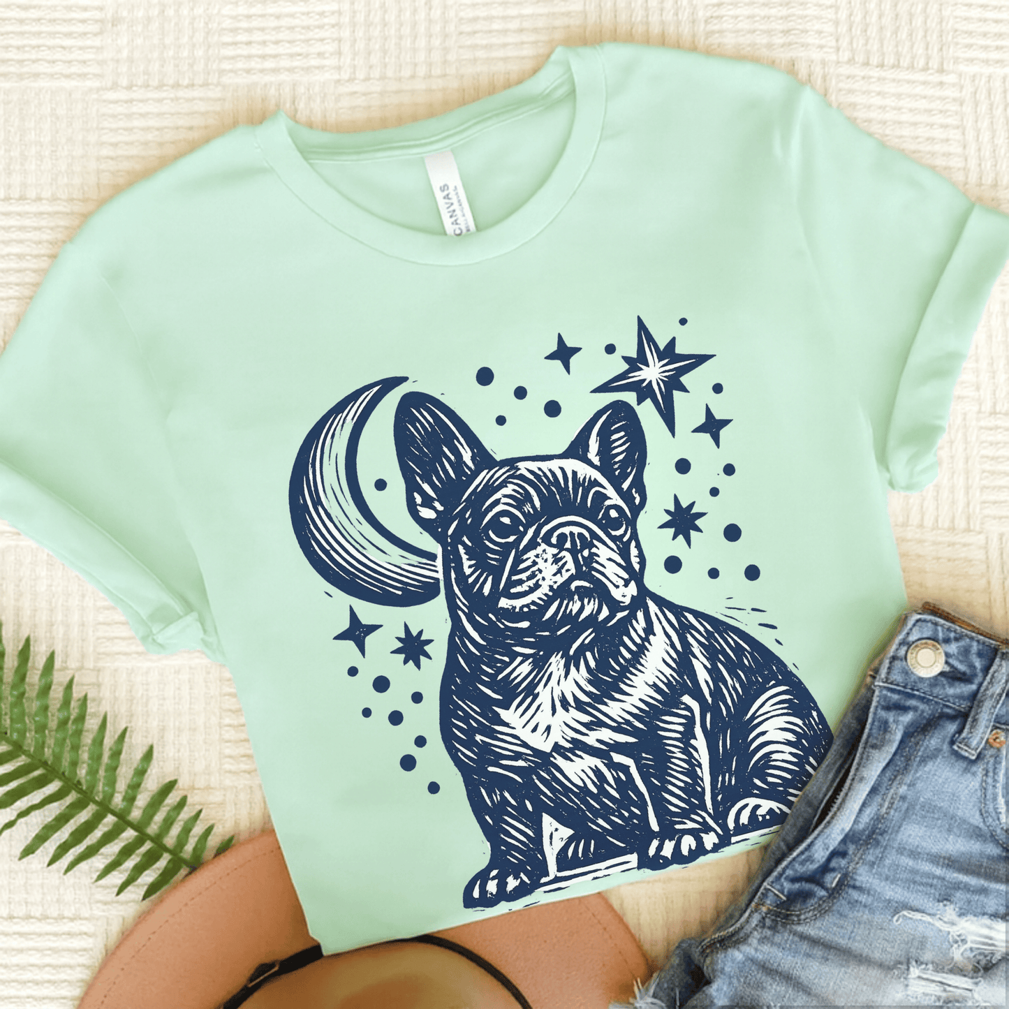 French Bulldog Linocut Moon and Stars Unisex TShirt Heather Mint
