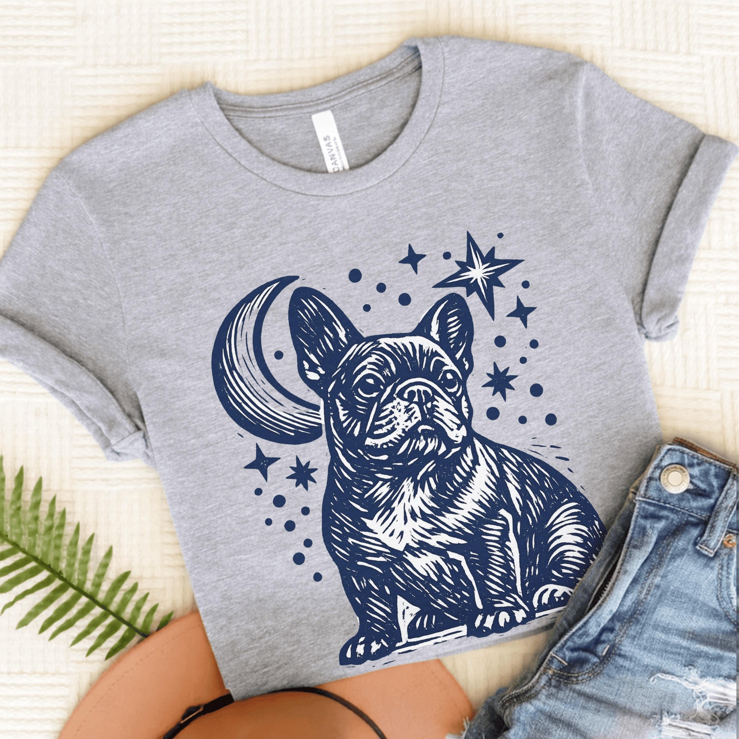 French Bulldog Linocut Moon and Stars Unisex TShirt Athletic Heather
