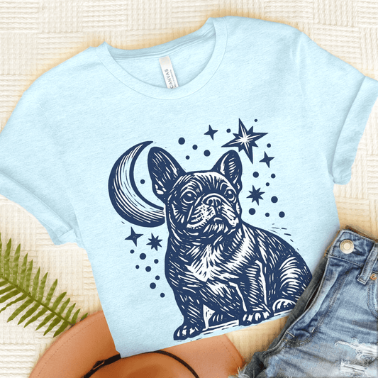 French Bulldog Linocut Moon and Stars Unisex TShirt Heather Ice Blue