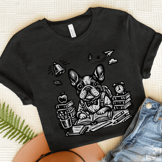 French Bulldog Linocut Teacher School Unisex TShirt Dark Grey Heather
