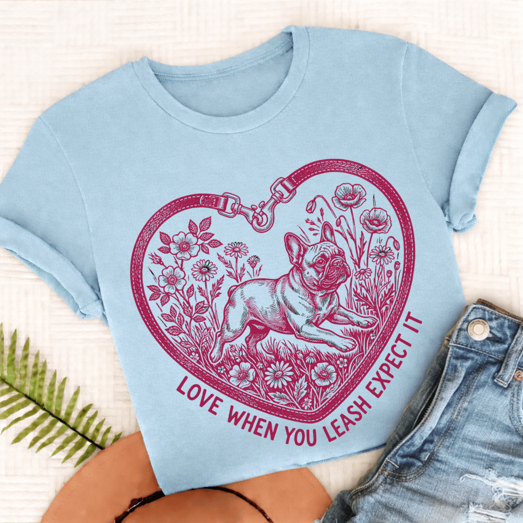 French Bulldog Love Leash Unisex TShirt Comfort Colors Chambray