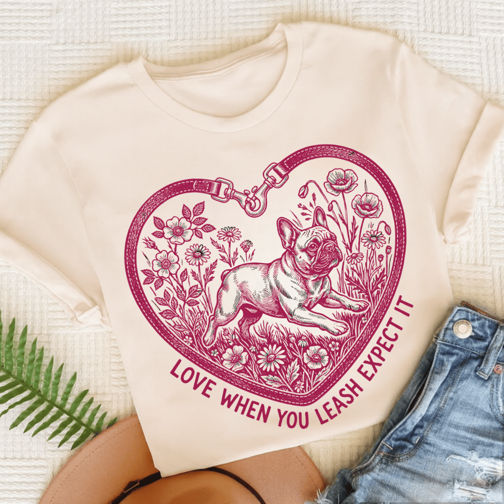French Bulldog Love Leash Unisex TShirt Natural