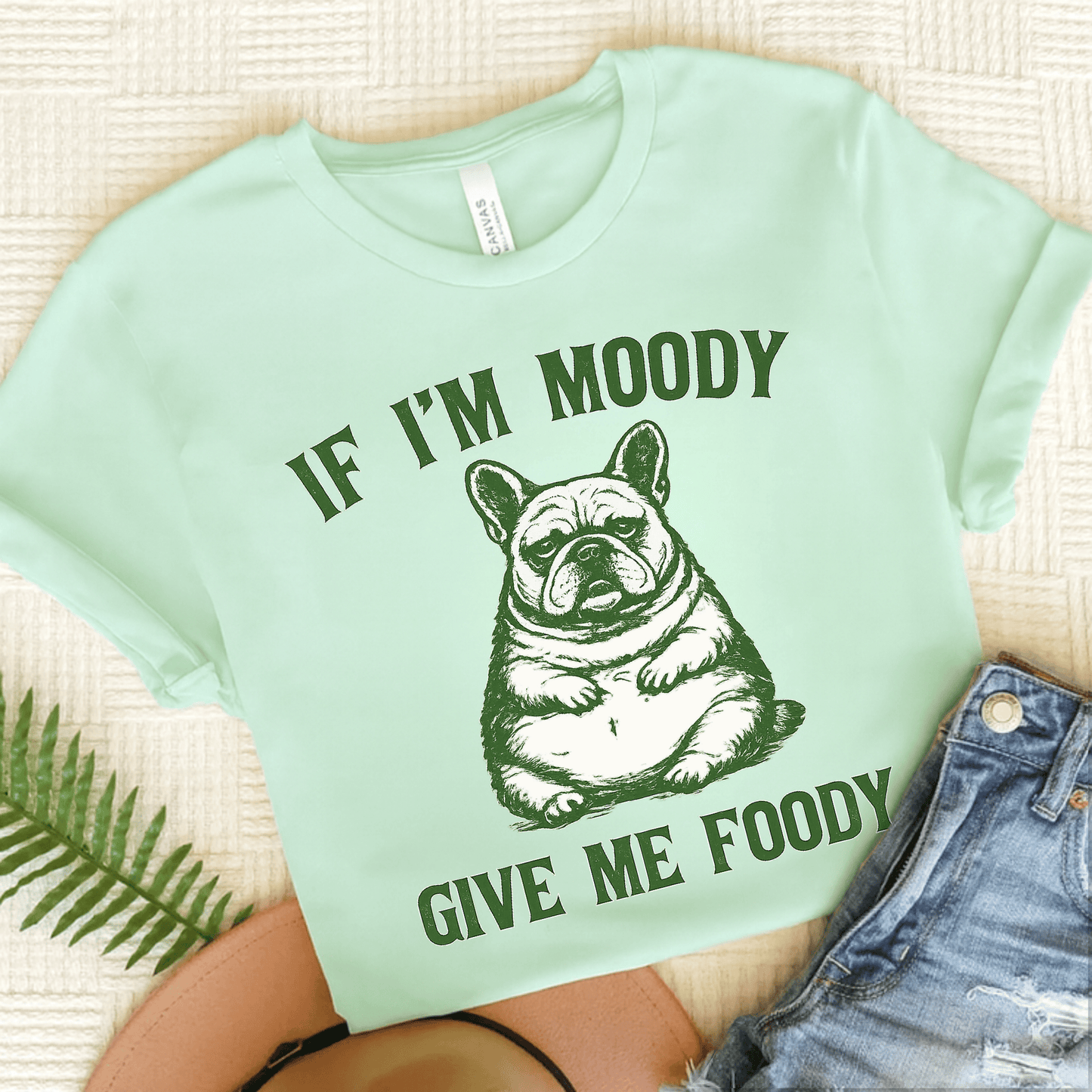 French Bulldog Moody Give Me Foody Unisex Tshirt Heather Mint