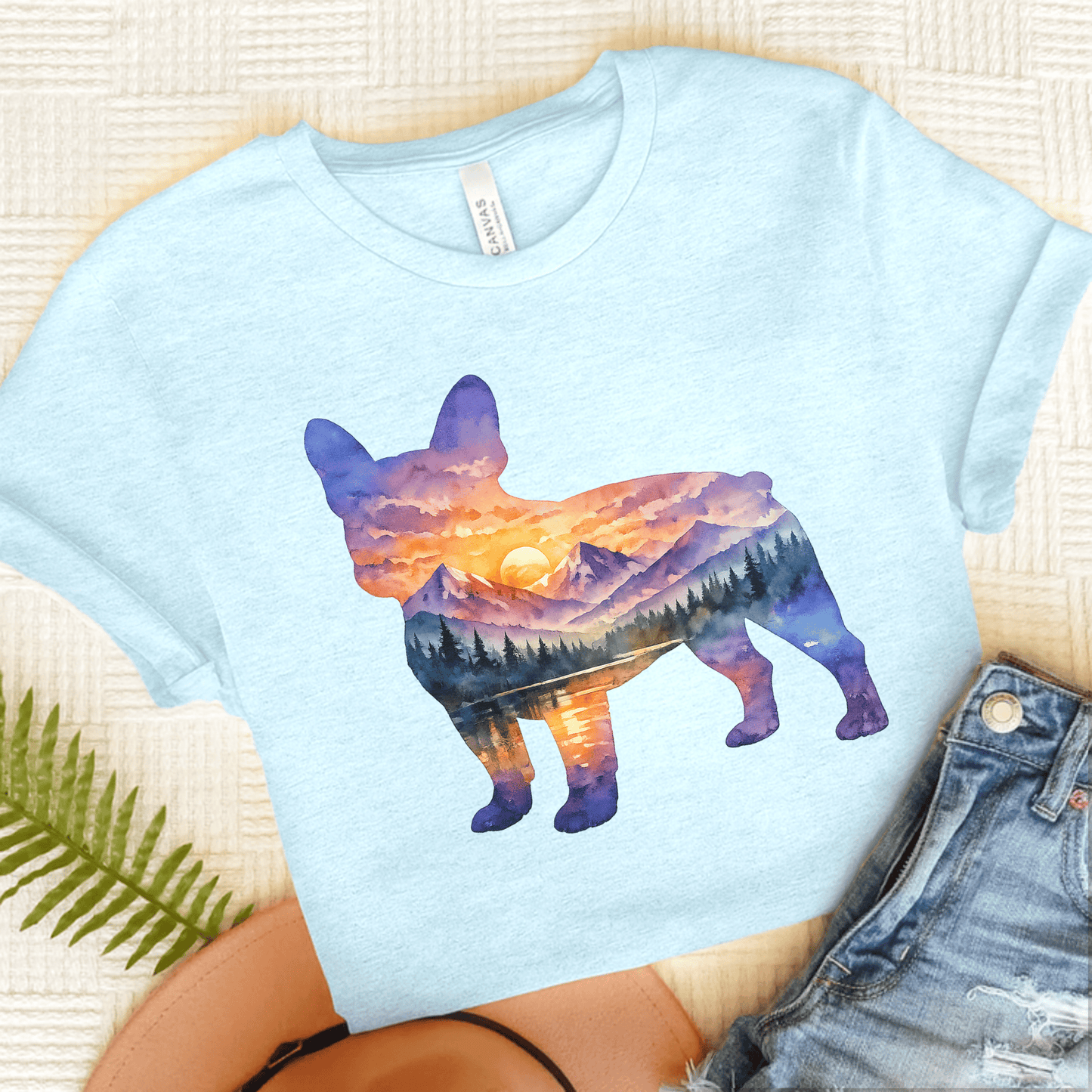 French Bulldog Mountains Sunset Silhouette Unisex TShirt Heather Ice Blue