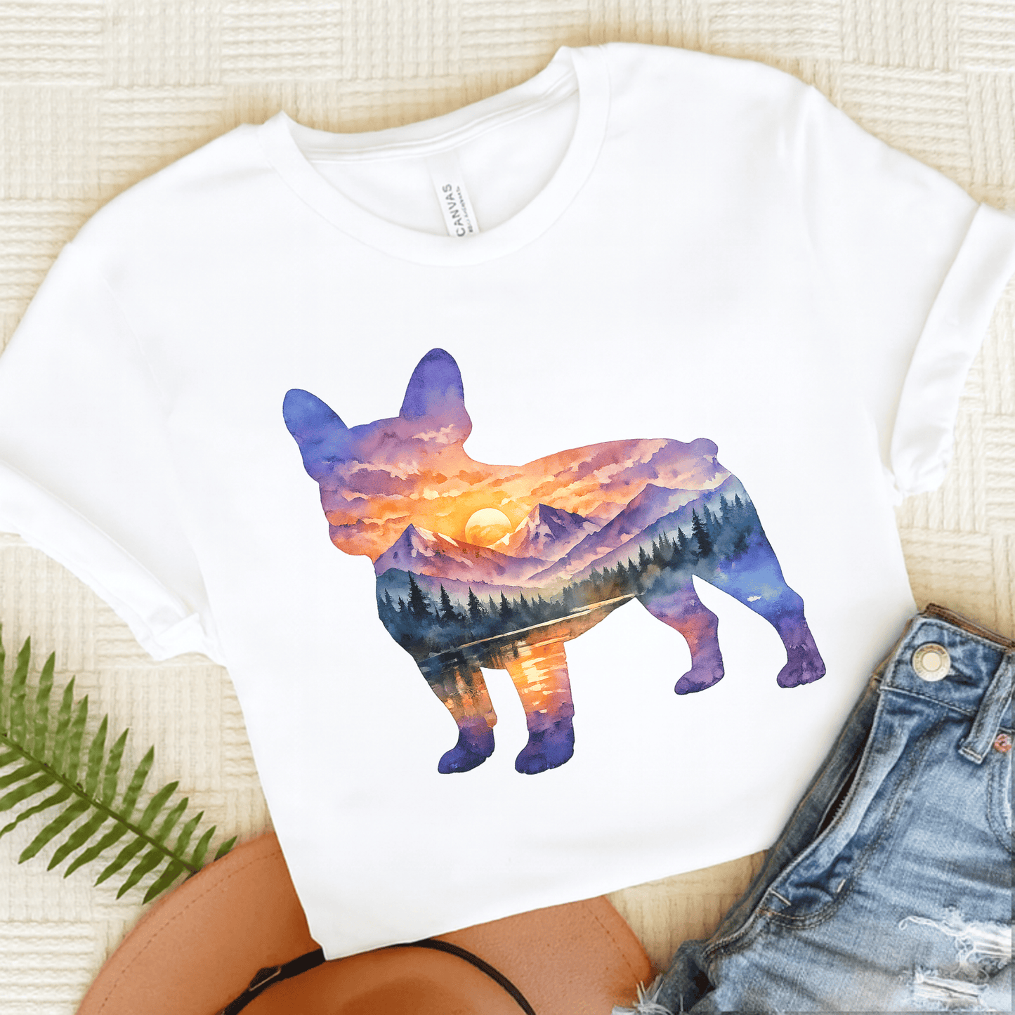 French Bulldog Mountains Sunset Silhouette Unisex TShirt White
