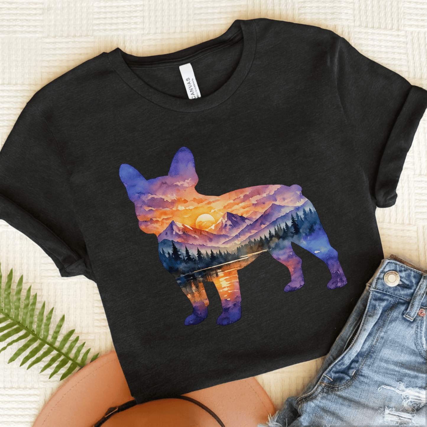 French Bulldog Mountains Sunset Silhouette Unisex TShirt Solid Black Blend