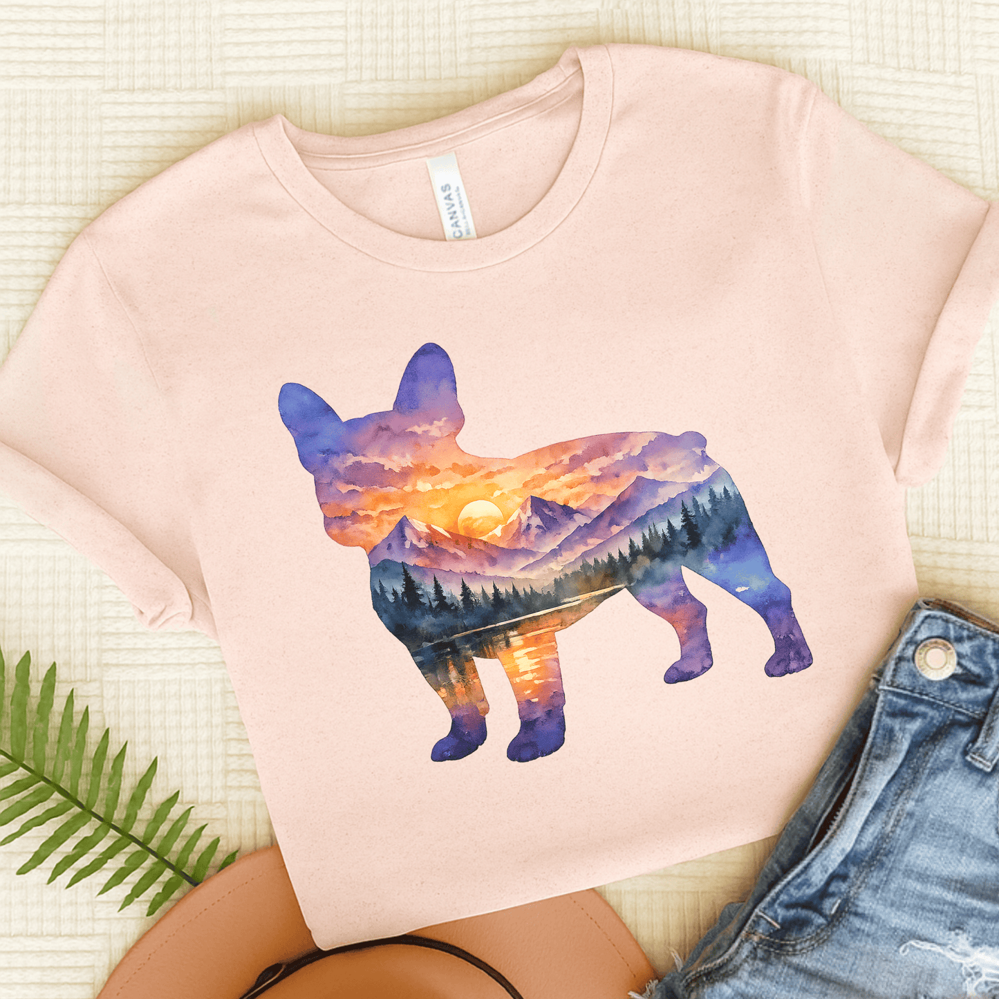 French Bulldog Mountains Sunset Silhouette Unisex TShirt Soft Pink