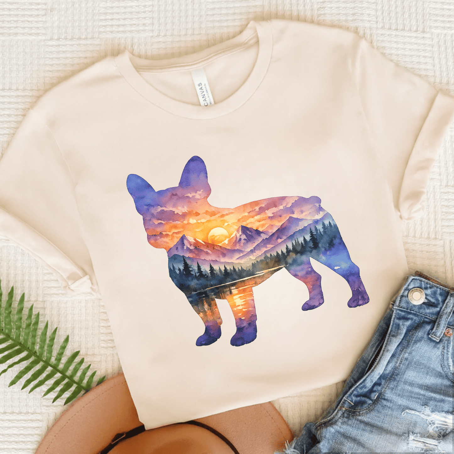 French Bulldog Mountains Sunset Silhouette Unisex TShirt Natural