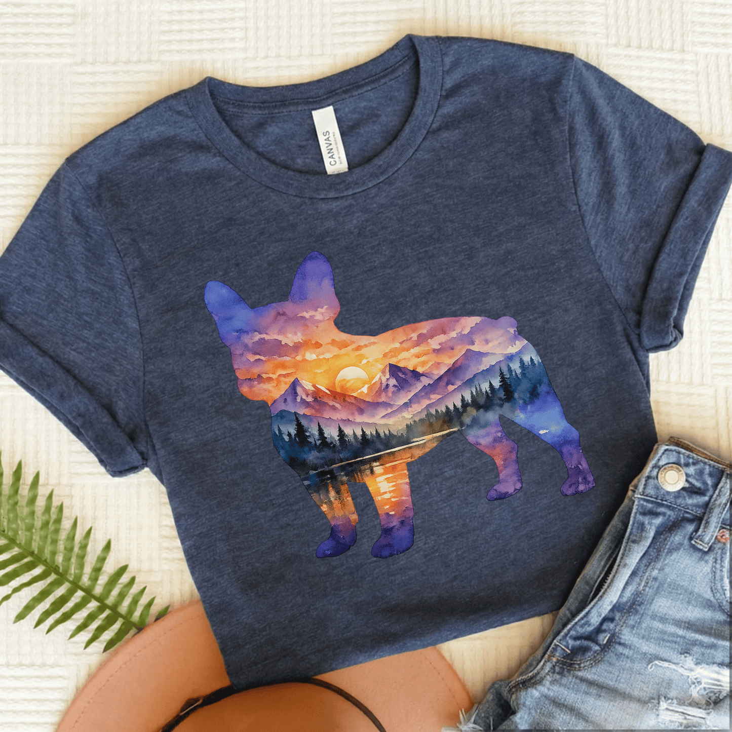 French Bulldog Mountains Sunset Silhouette Unisex TShirt Heather Navy