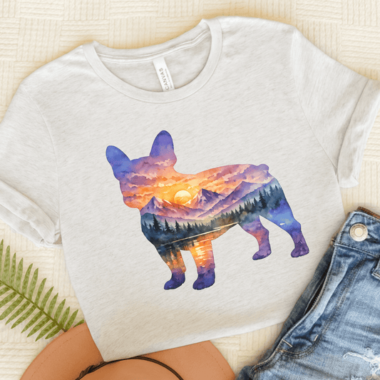French Bulldog Mountains Sunset Silhouette Unisex TShirt Ash