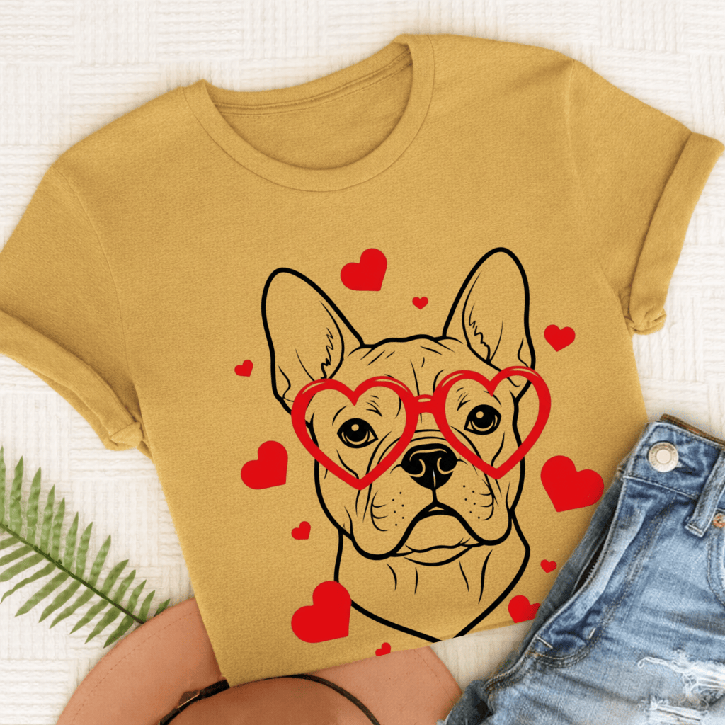 French Bulldog Nerdy Valentine Unisex Tshirt Mustard
