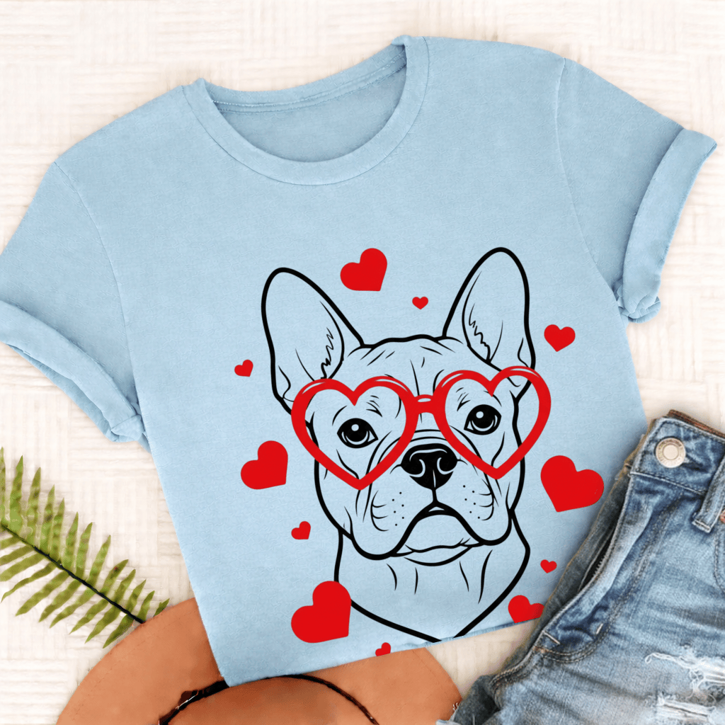 French Bulldog Nerdy Valentine Unisex Tshirt Chambray