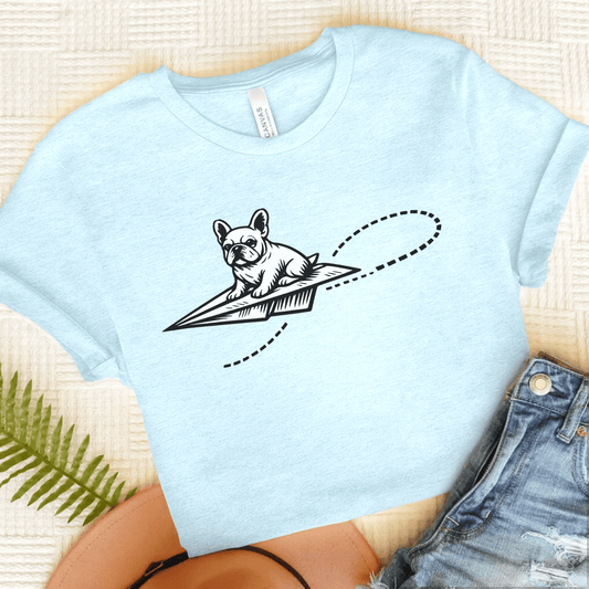 French Bulldog Paper Airplane Unisex TShirt Heather Ice Blue
