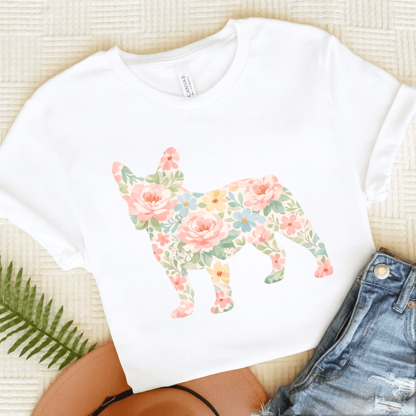 French Bulldog Pastel Floral Silhouette Unisex TShirt White
