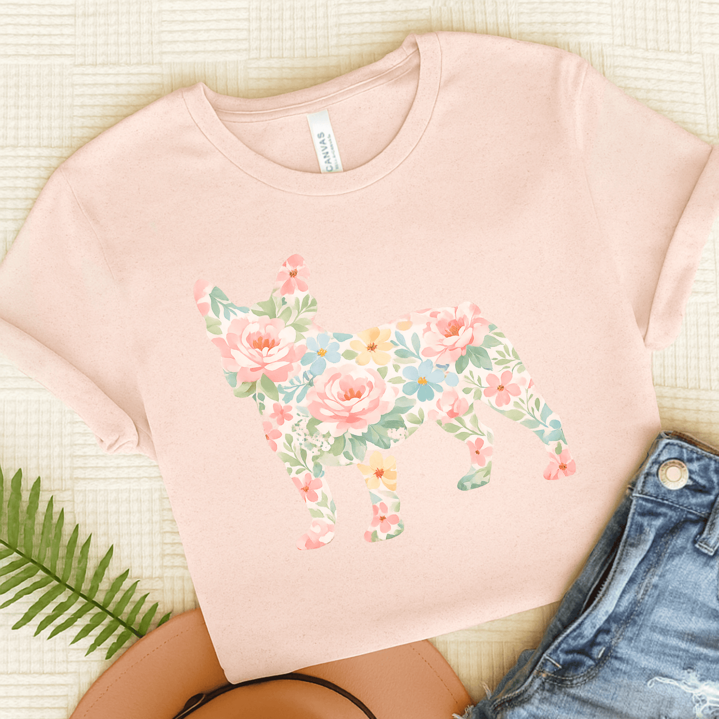 French Bulldog Pastel Floral Silhouette Unisex TShirt Soft Pink