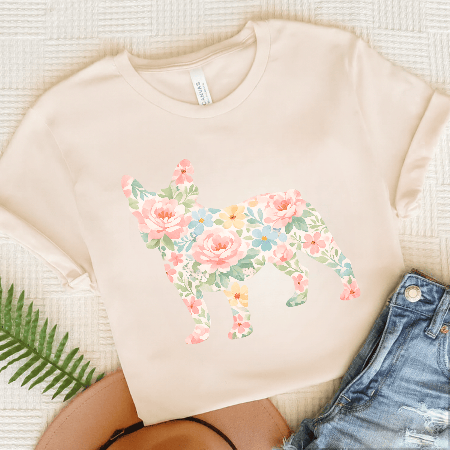 French Bulldog Pastel Floral Silhouette Unisex TShirt Natural