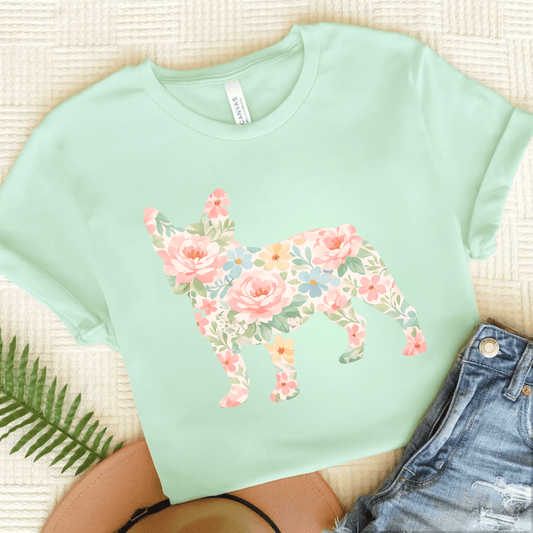 French Bulldog Pastel Floral Silhouette Unisex TShirt Heather Mint