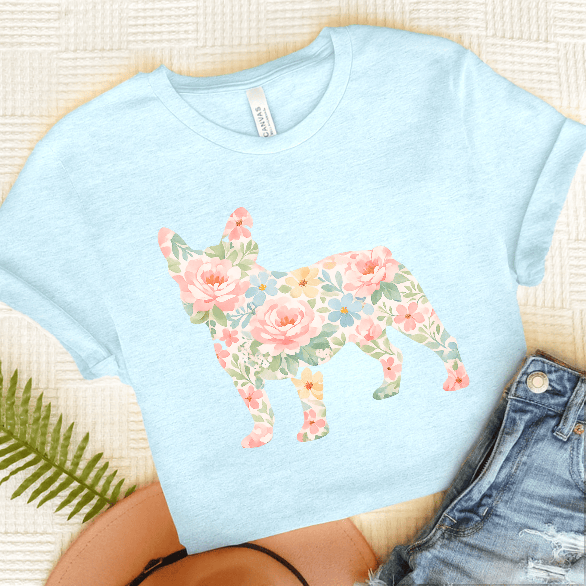 French Bulldog Pastel Floral Silhouette Unisex TShirt Heather Ice Blue