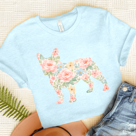 French Bulldog Pastel Floral Silhouette Unisex TShirt Heather Ice Blue