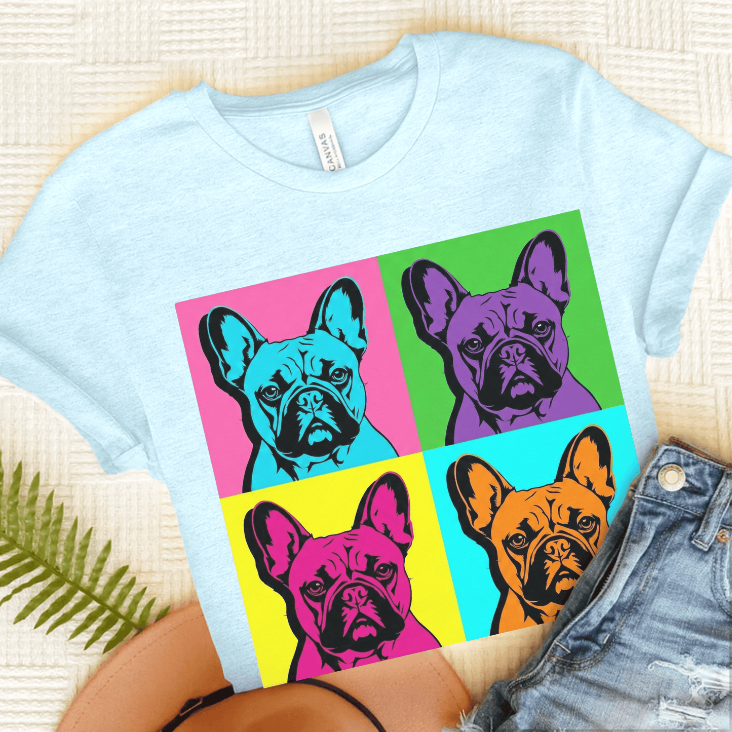 French Bulldog Pop Art Andy Unisex TShirt Heather Ice Blue