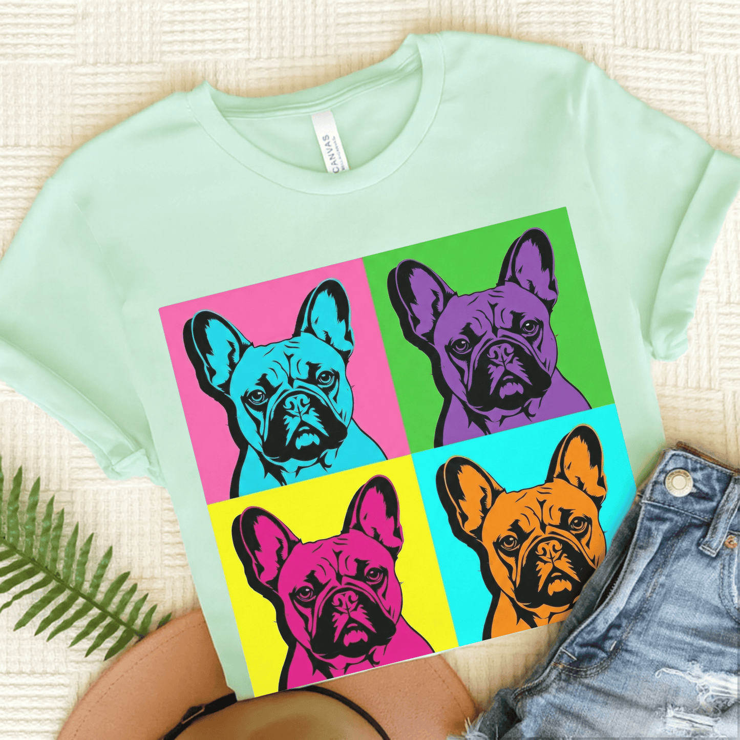 French Bulldog Pop Art Andy Unisex TShirt Heather Mint