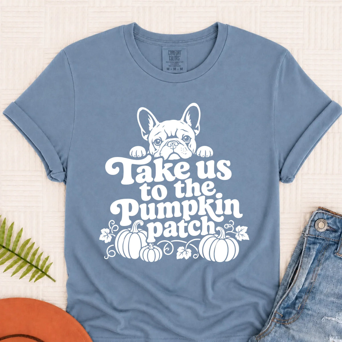 French Bulldog Pumpkin Patch Unisex Tshirt Blue Jean
