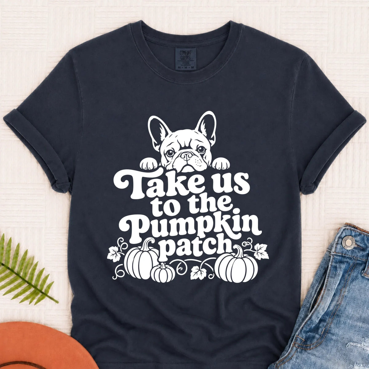 French Bulldog Pumpkin Patch Unisex Tshirt Navy