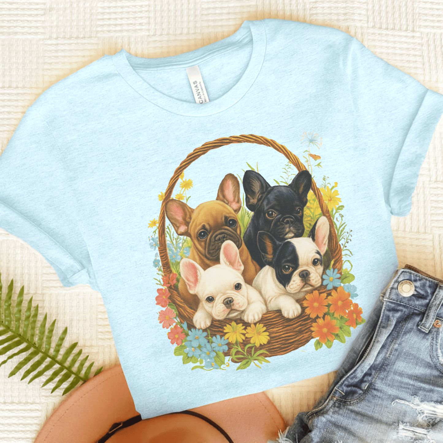 Printify T-Shirt Heather Ice Blue / S French Bulldog Puppy Basket TShirt
