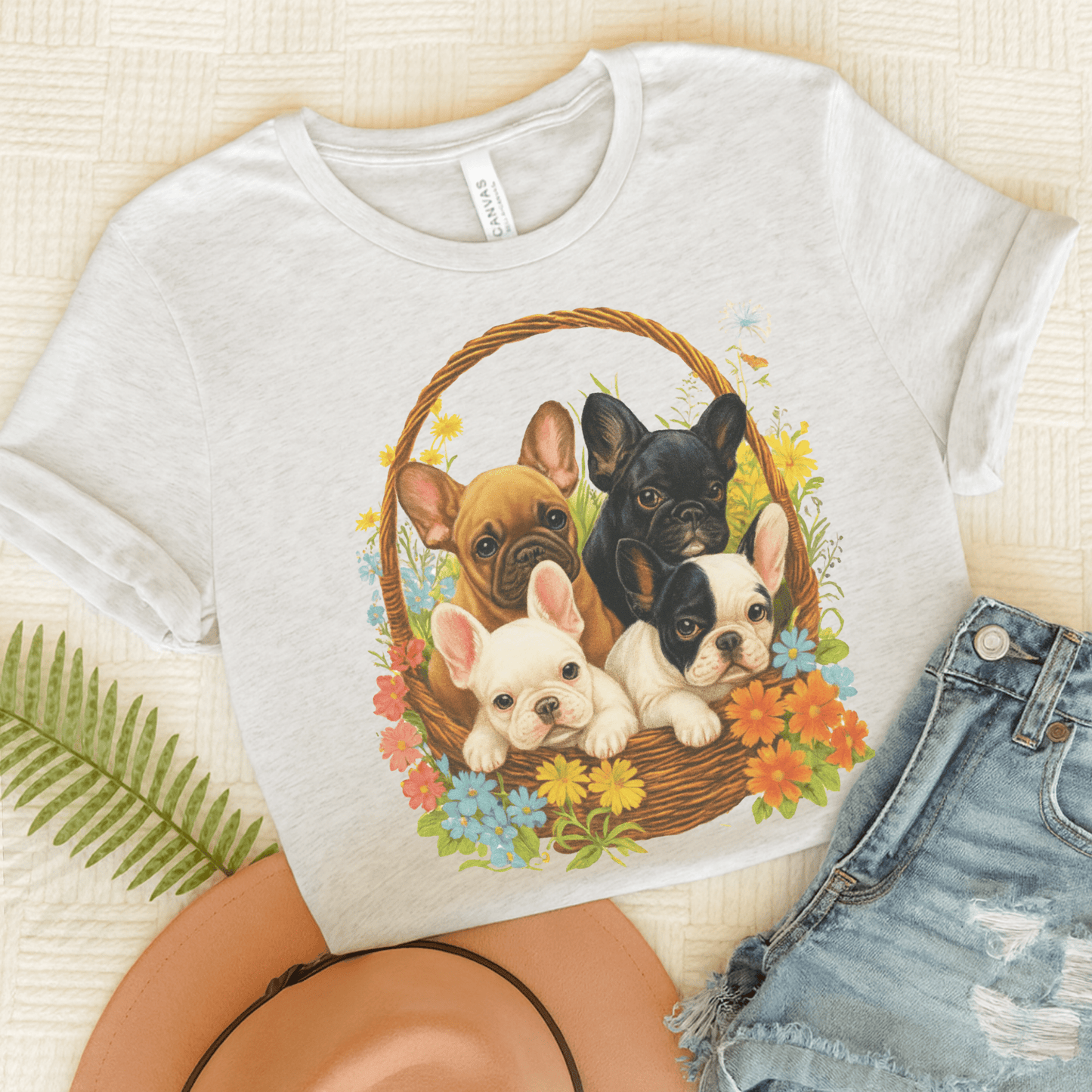 Printify T-Shirt Ash / S French Bulldog Puppy Basket TShirt