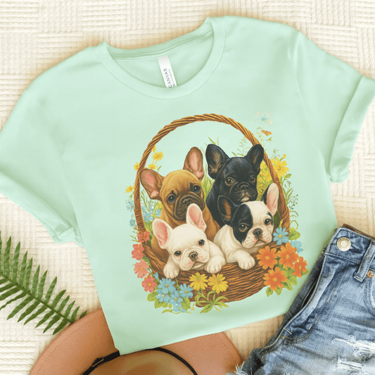 Printify T-Shirt Heather Mint / S French Bulldog Puppy Basket TShirt