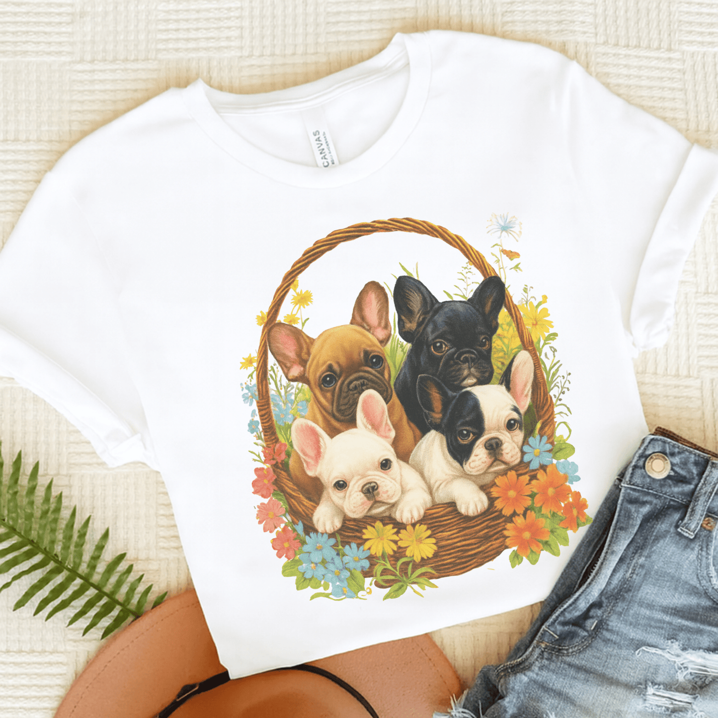 Printify T-Shirt White / S French Bulldog Puppy Basket TShirt