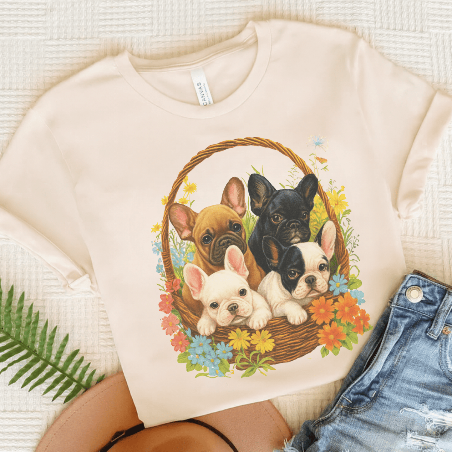 Printify T-Shirt Natural / S French Bulldog Puppy Basket TShirt