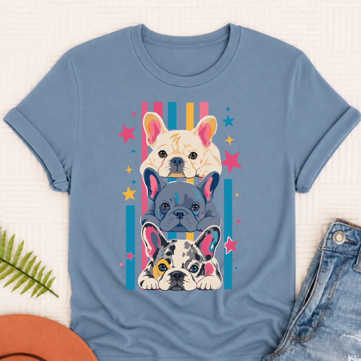 French Bulldog Puppy Pop Art Unisex TShirt Blue Jean