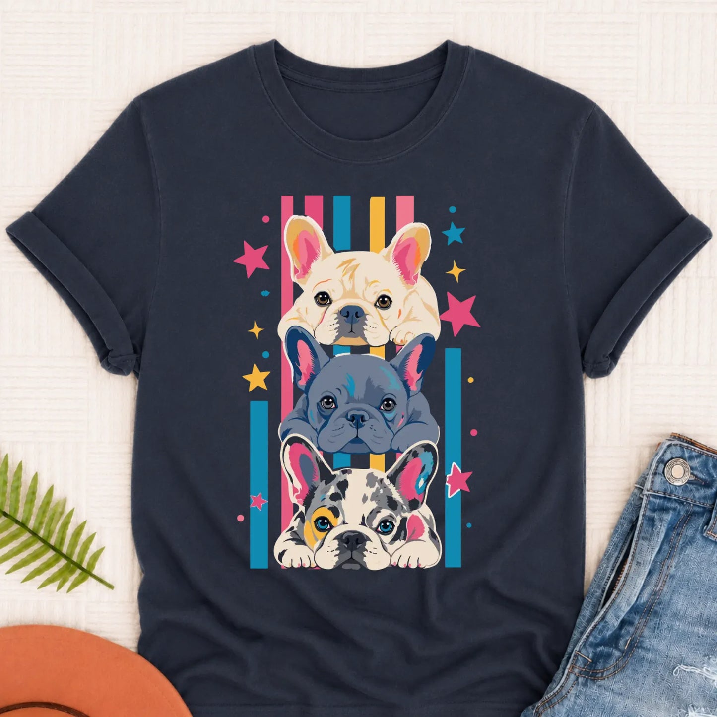 French Bulldog Puppy Pop Art Unisex TShirt Navy