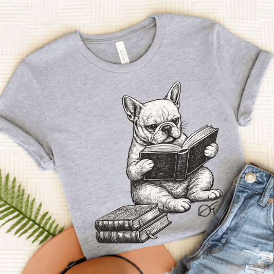 French Bulldog Reading Unisex TShirt Athletic Heather