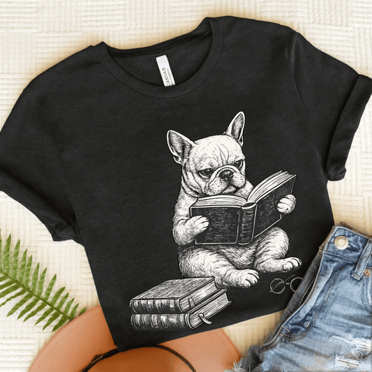French Bulldog Reading Unisex TShirt Dark Grey Heather