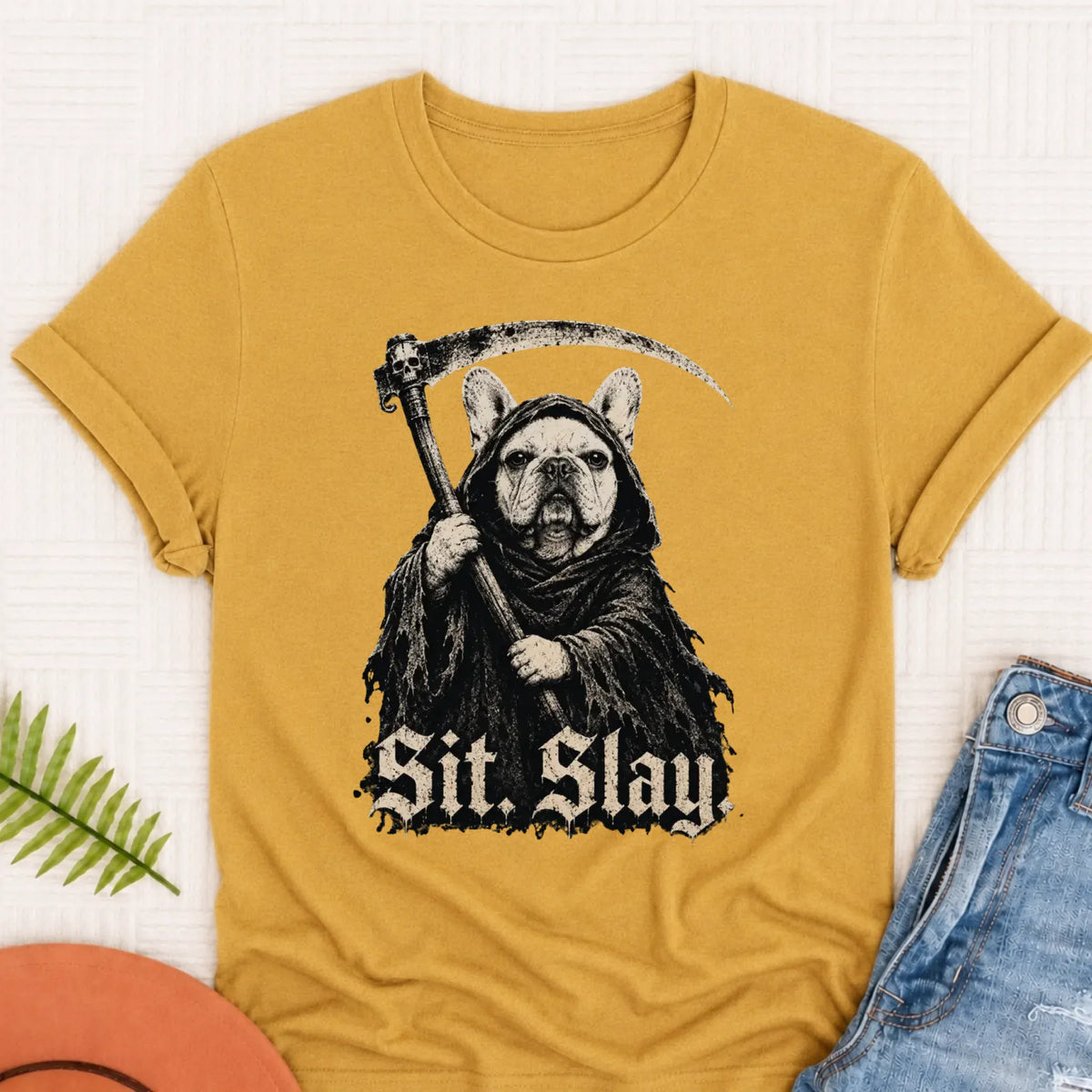 French Bulldog Reaper Sit Slay Unisex Tshirt Mustard