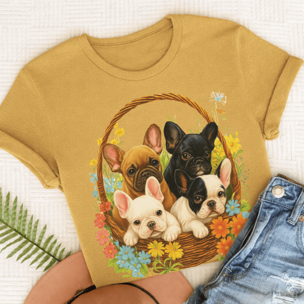 French Bulldog Retro Puppy Basket Unisex TShirt Mustard