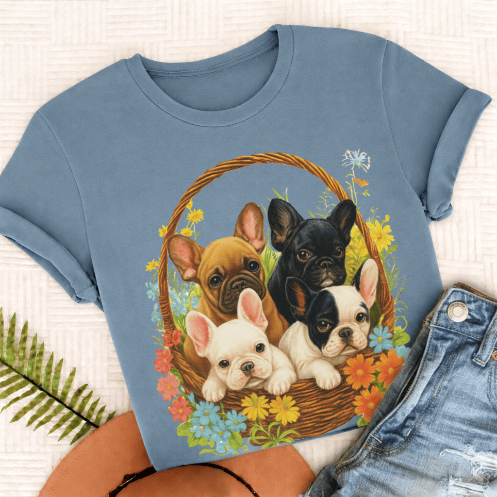 French Bulldog Retro Puppy Basket Unisex TShirt Ice Blue