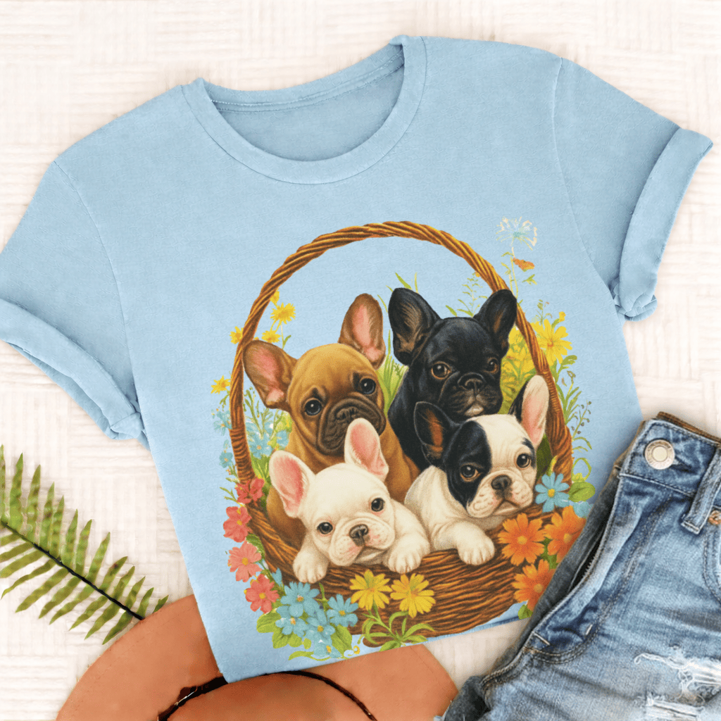 French Bulldog Retro Puppy Basket Unisex TShirt Chambray