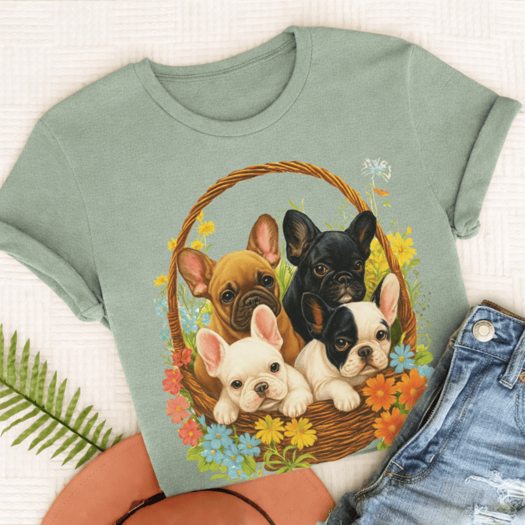French Bulldog Retro Puppy Basket Unisex TShirt Bay