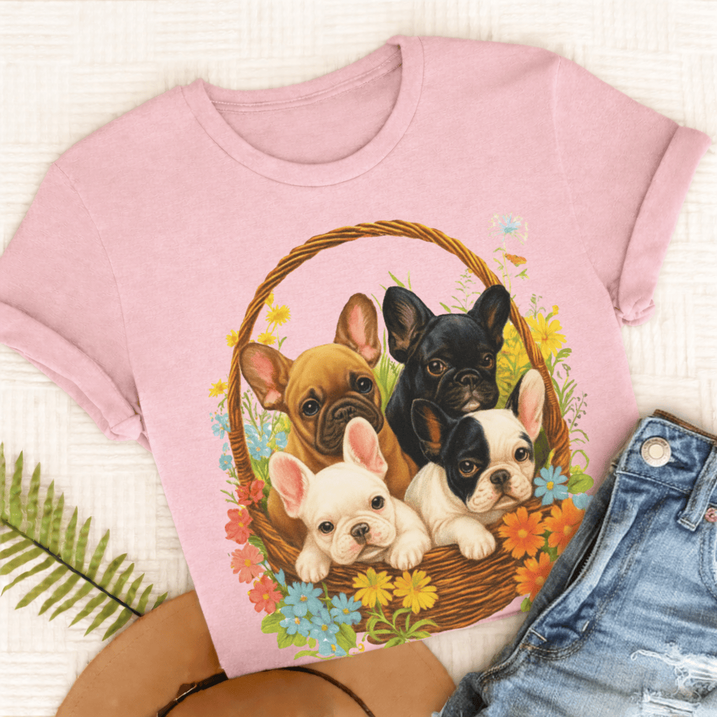 French Bulldog Retro Puppy Basket Unisex TShirt Blossom