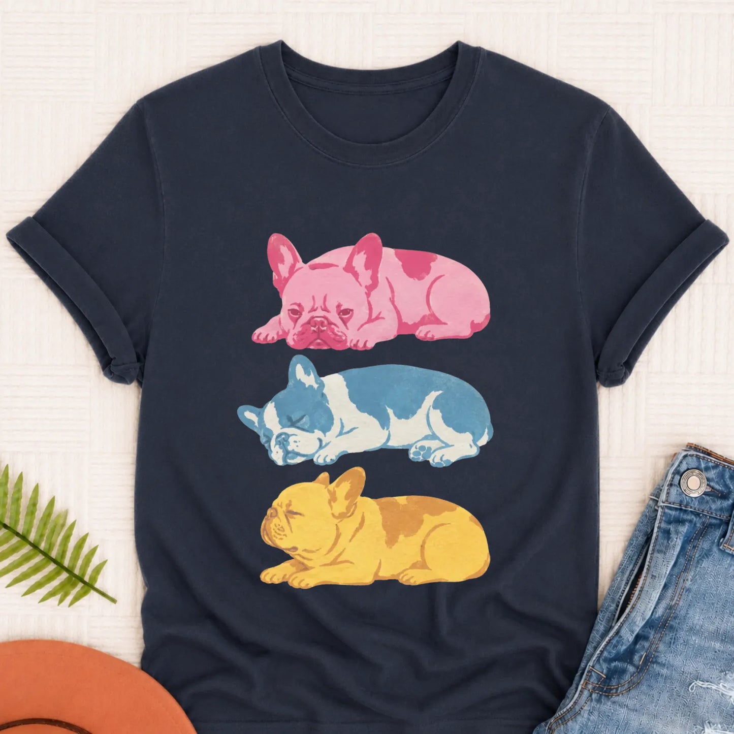 French Bulldog Retro Risoprint Style Unisex TShirt Navy